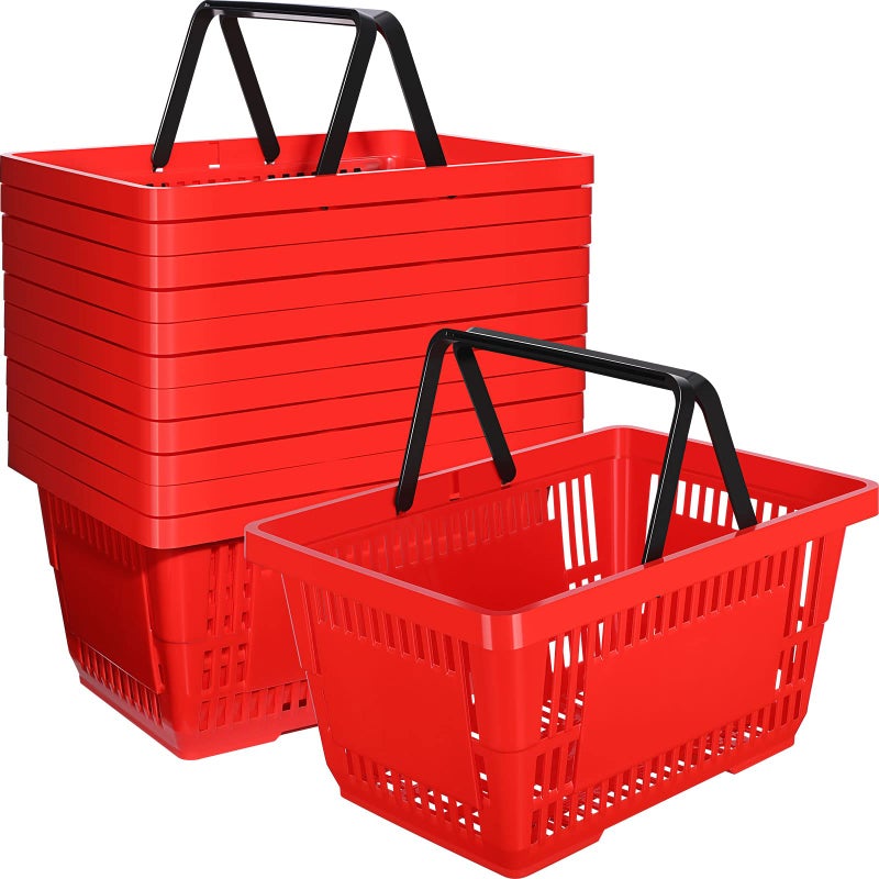 Macarrie 12 Pcs Shopping Baskets 20 L Plastic Store Retail Baskets with Handles 169 118 91 Inches for Market Grocery Supplies Thrift Convenience StorageRed