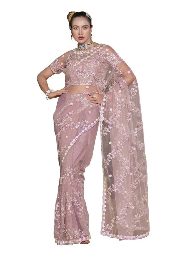 SIRIL Women's Net Sequence Embroidery Work Saree With Unstitched Blouse Piece (3187S144_Dusty Pink) - Image 1