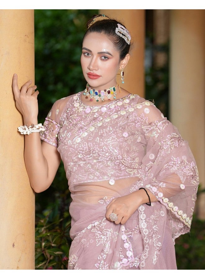 SIRIL Women's Net Sequence Embroidery Work Saree With Unstitched Blouse Piece (3187S144_Dusty Pink) - Image 5