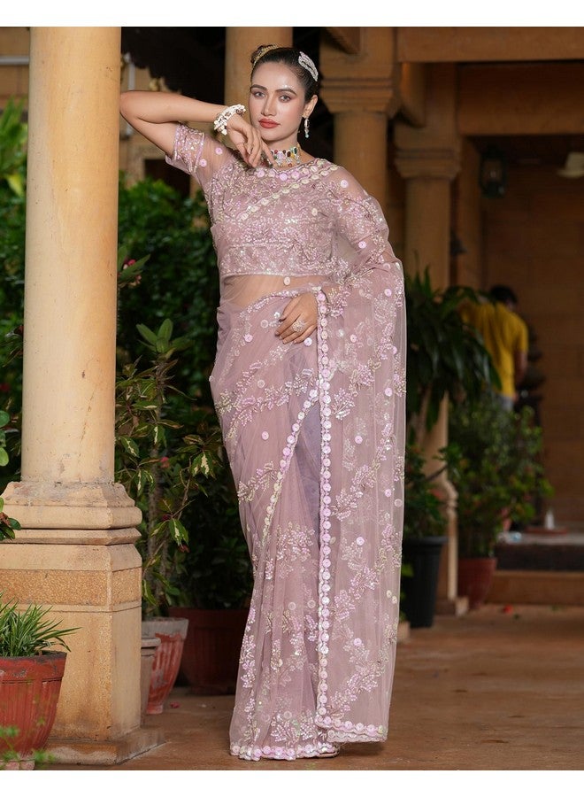 SIRIL Women's Net Sequence Embroidery Work Saree With Unstitched Blouse Piece (3187S144_Dusty Pink) - Image 2