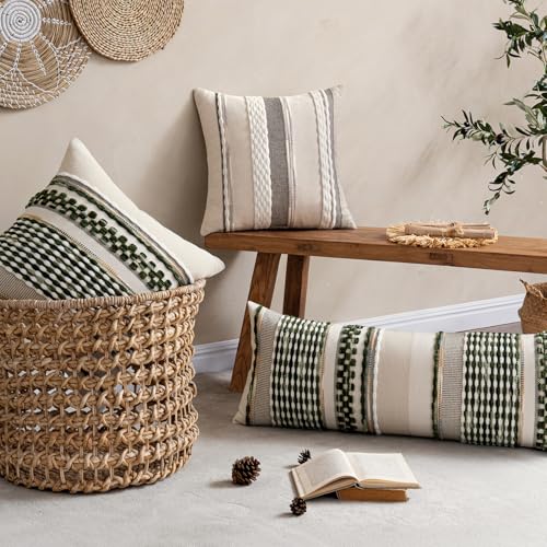 ANRODUO Pack of 1 Boho Decorative Throw Pillow Covers 14x36 Farmhouse Cushion Case Long Chenille Pillow Cases Lumbar Pillow Covers Accent Neutral Pillowcase for Sofa Couch Bed, Olive Green Stripe - Image 3