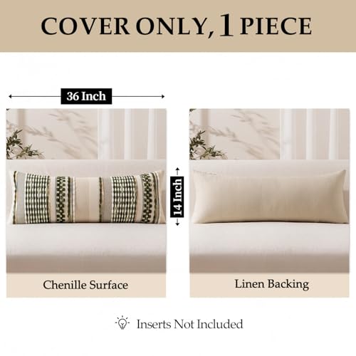 ANRODUO Pack of 1 Boho Decorative Throw Pillow Covers 14x36 Farmhouse Cushion Case Long Chenille Pillow Cases Lumbar Pillow Covers Accent Neutral Pillowcase for Sofa Couch Bed, Olive Green Stripe - Image 4