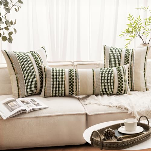 ANRODUO Pack of 1 Boho Decorative Throw Pillow Covers 14x36 Farmhouse Cushion Case Long Chenille Pillow Cases Lumbar Pillow Covers Accent Neutral Pillowcase for Sofa Couch Bed, Olive Green Stripe - Image 2
