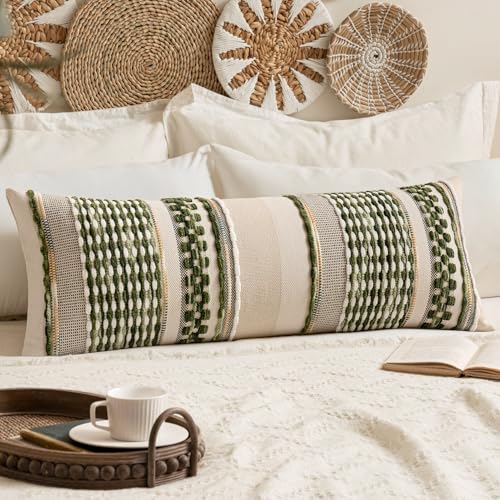 ANRODUO Pack of 1 Boho Decorative Throw Pillow Covers 14x36 Farmhouse Cushion Case Long Chenille Pillow Cases Lumbar Pillow Covers Accent Neutral Pillowcase for Sofa Couch Bed, Olive Green Stripe - Image 1