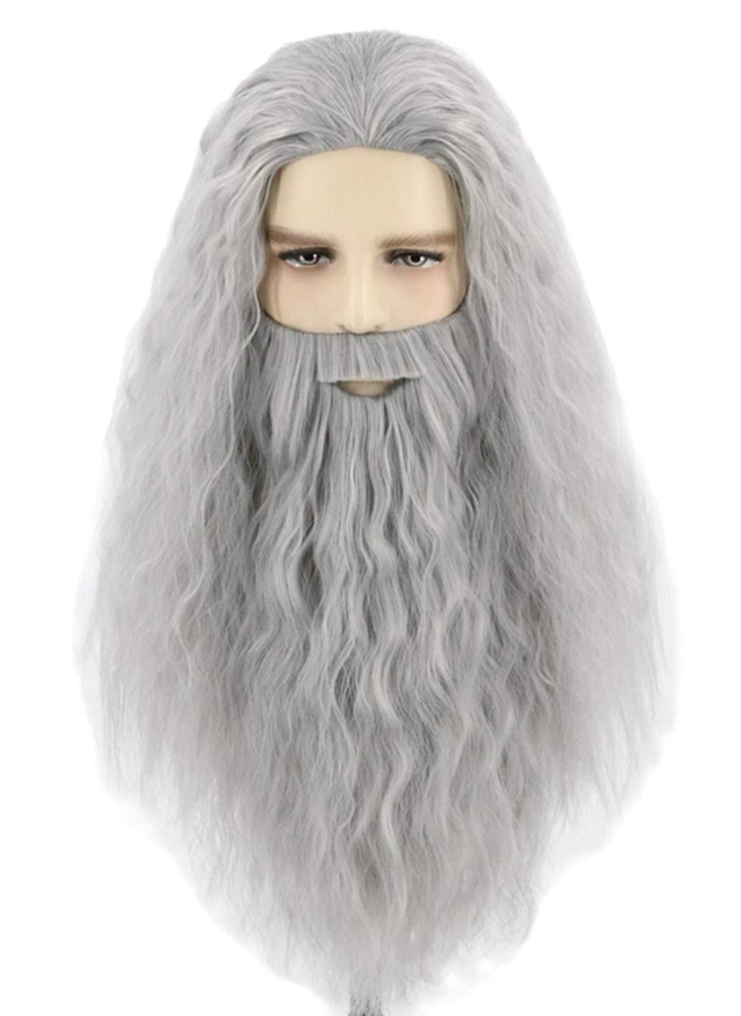 Topcosplay Topcosplay Men Wigs and Beard Long Gray Cosplay Halloween Costume Party Wig 