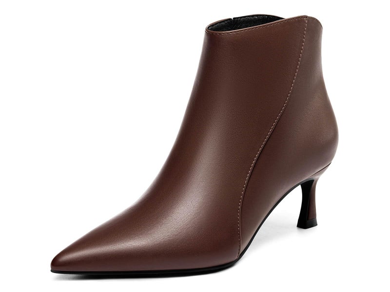 Coutgo Womens Kitten Heel Ankle Boots Pointed Toe Side Zipper Fall Winter Booties Shoes, Chocolate, Size 9 - Image 1