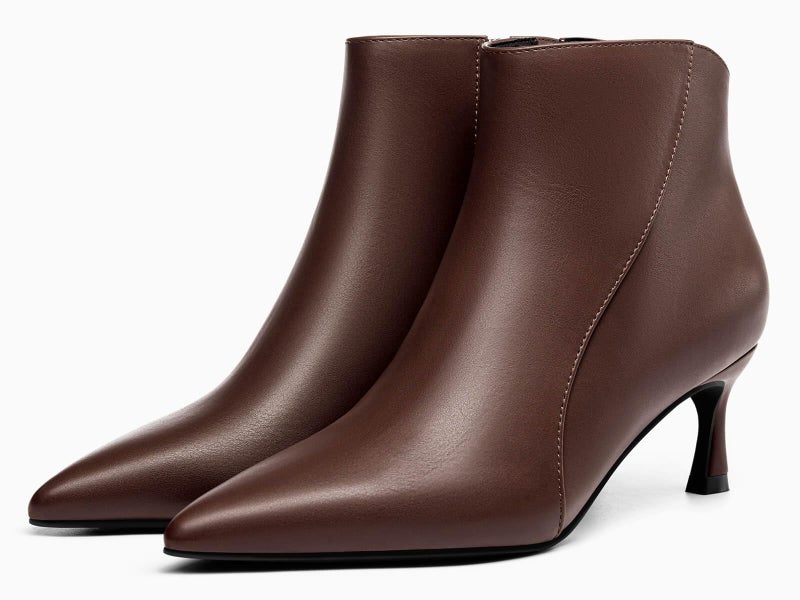 Coutgo Womens Kitten Heel Ankle Boots Pointed Toe Side Zipper Fall Winter Booties Shoes, Chocolate, Size 9 - Image 4