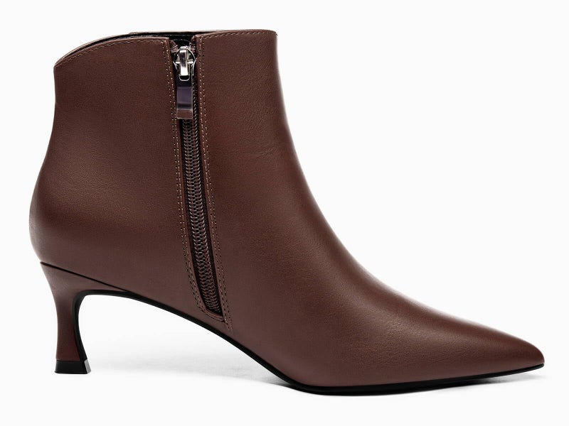 Coutgo Womens Kitten Heel Ankle Boots Pointed Toe Side Zipper Fall Winter Booties Shoes, Chocolate, Size 9 - Image 3