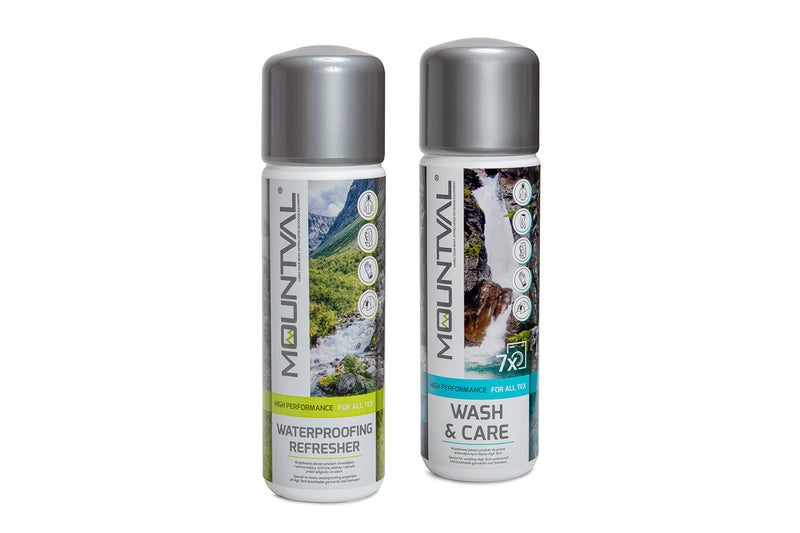 Mountval Wet Weather Clothing Care Set, Mountval Wash & Care (315ml), Mountval Waterproofing Refresher (300ml), Protection for Technical and Wet Weather Clothing, Equipment & Hiking Gear incl. GORE-TEX - Image 1