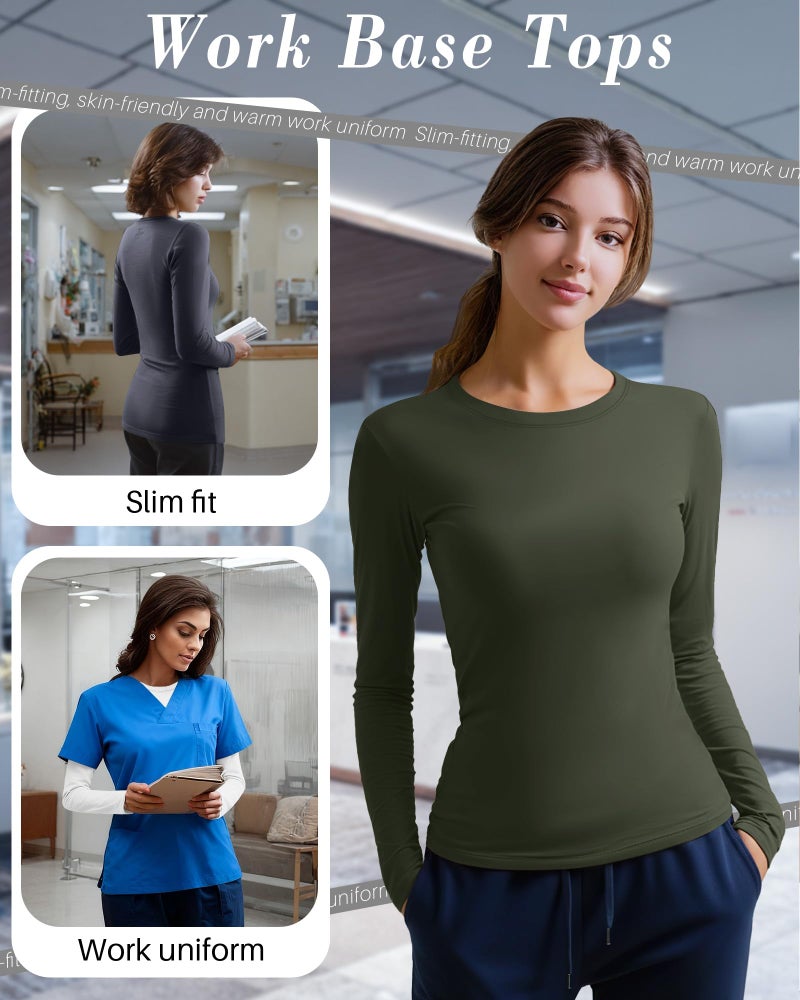 Xaatren 4 Pack Women's Underscrub Shirts Nurse Undershirts Long Sleeve Crewneck Slim Fit Tops Soft Stretchy Basic Tee(Black, White, Dark Gray, Army Green,Small) - Image 4