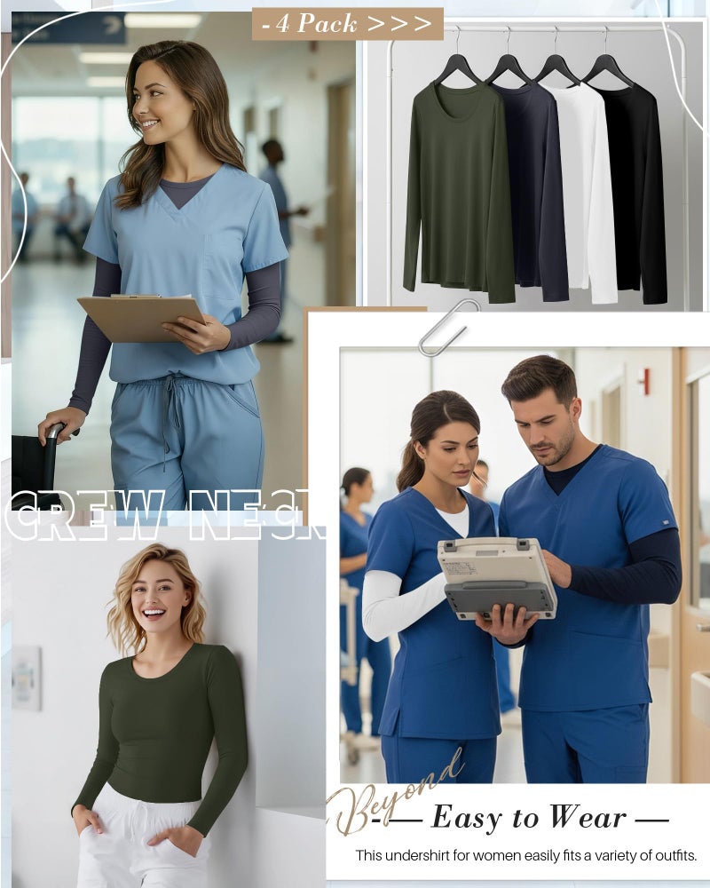 Xaatren 4 Pack Women's Underscrub Shirts Nurse Undershirts Long Sleeve Crewneck Slim Fit Tops Soft Stretchy Basic Tee(Black, White, Dark Gray, Army Green,Small) - Image 2