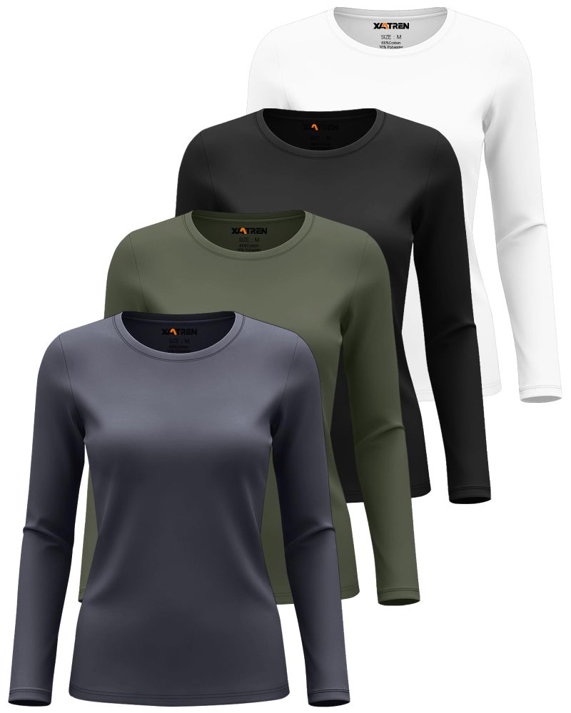 Xaatren 4 Pack Women's Underscrub Shirts Nurse Undershirts Long Sleeve Crewneck Slim Fit Tops Soft Stretchy Basic Tee(Black, White, Dark Gray, Army Green,Small) - Image 3