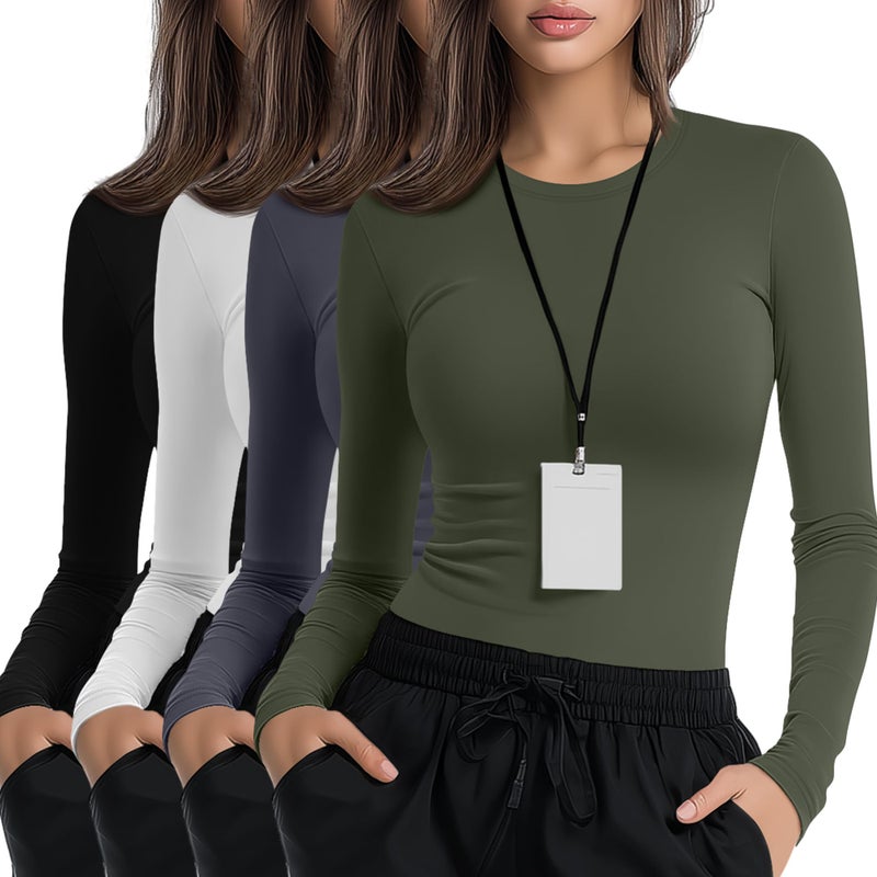 Xaatren 4 Pack Women's Underscrub Shirts Nurse Undershirts Long Sleeve Crewneck Slim Fit Tops Soft Stretchy Basic Tee(Black, White, Dark Gray, Army Green,Small) - Image 1
