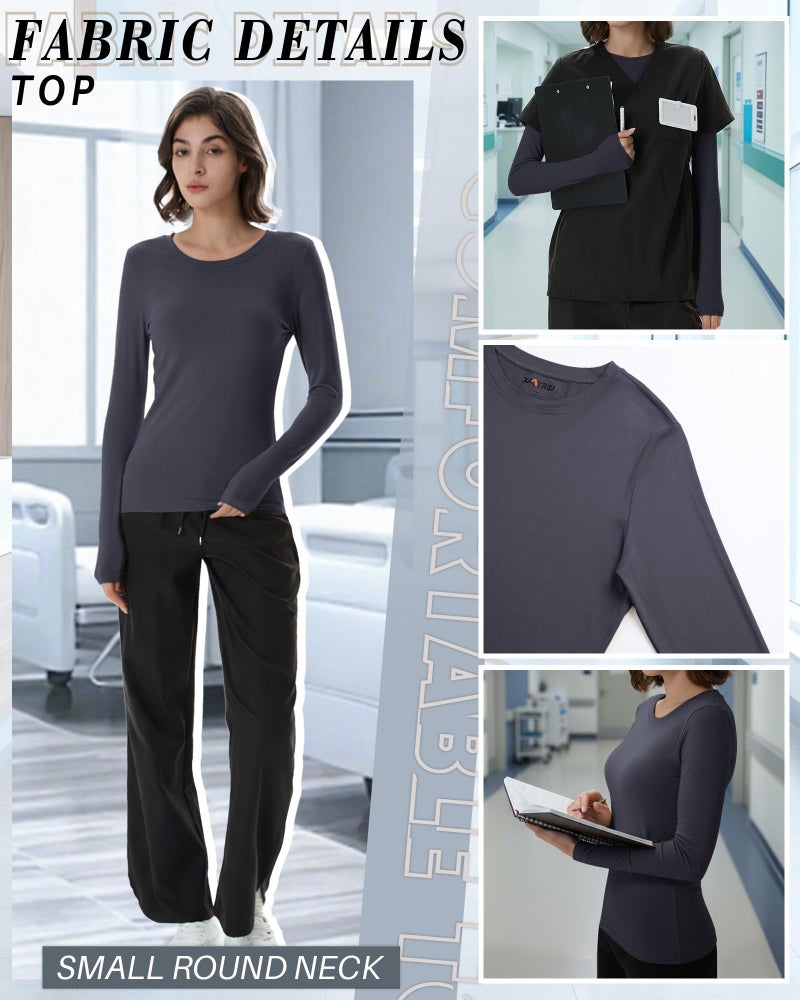 Xaatren 4 Pack Women's Underscrub Shirts Nurse Undershirts Long Sleeve Crewneck Slim Fit Tops Soft Stretchy Basic Tee(Black, White, Dark Gray, Army Green,Small) - Image 5