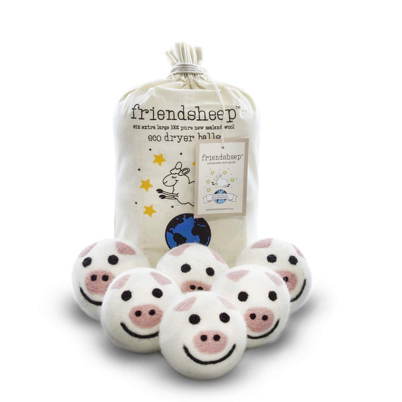 Friendsheep Wool Dryer Balls, Organic Reusable Fabric Softener Alternative for Laundry, Handmade, Fair Trade, Hypoallergenic, Eco-Friendly, Plastic-Free (6 Pack XL â€“ Pig- Piggy Band)