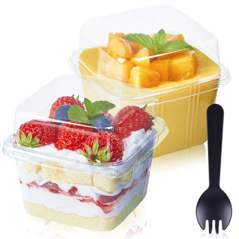 TOFLEN 50Ct 8 oz Square Plastic Dessert Cups with Lids and sporks Clear Plastic Yogurt Parfait Cups Cake Cups for Mousse Fruit Banana Pudding Cups