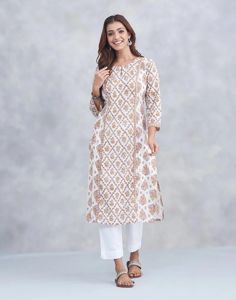 فاب انديا White Cotton Long Kurta
