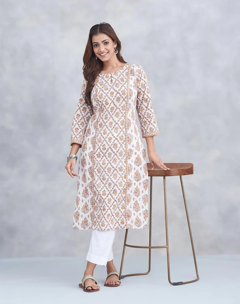 فاب انديا White Cotton Long Kurta