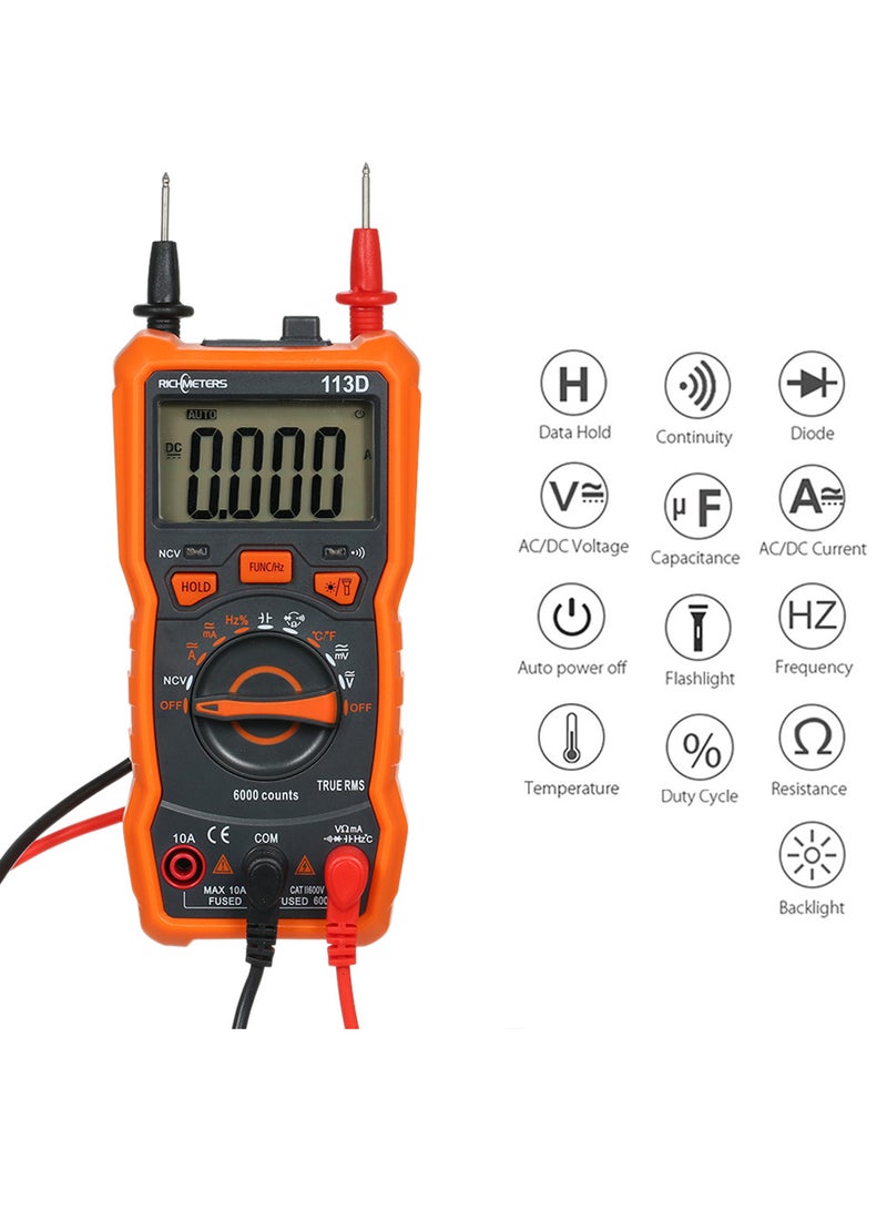 RICHMETERS RM113D NCV رقمي متعدد 6000 التهم تتراوح السيارات AC / DC الجهد قياس درجة الحرارة متر فلاش ضوء الخلفية شاشة كبيرة مع شفط مغناطيسي  - Image 5