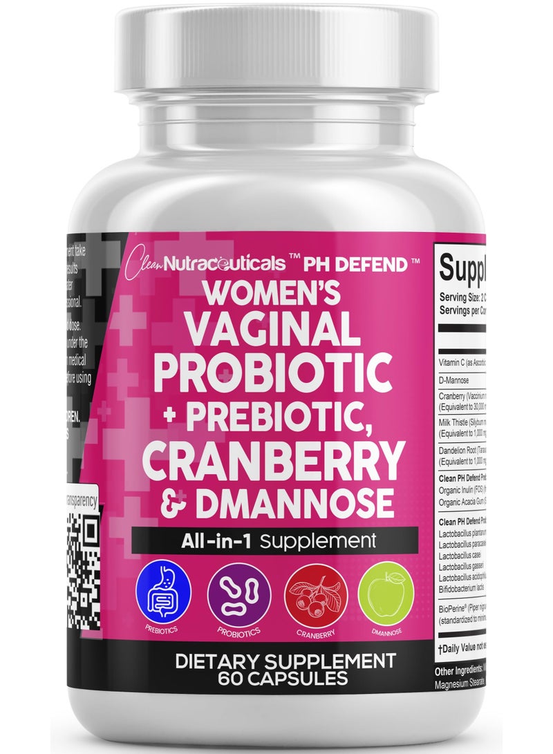 Clean Nutraceuticals | PH Defend Vaginal Probiotics for Women with Cranberry, D-Mannose & Prebiotics – Feminine Health, pH Balance & Urinary Tract Support – 60 Capsules - Image 1