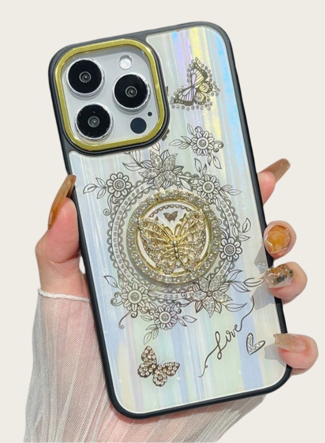 جراب فاخر لهاتف iPhone 15 Pro: غطاء حماية كامل مع حامل فراشة أورورا وكريستالات - مقاوم للصدمات والخدش وأنيق - Image 1