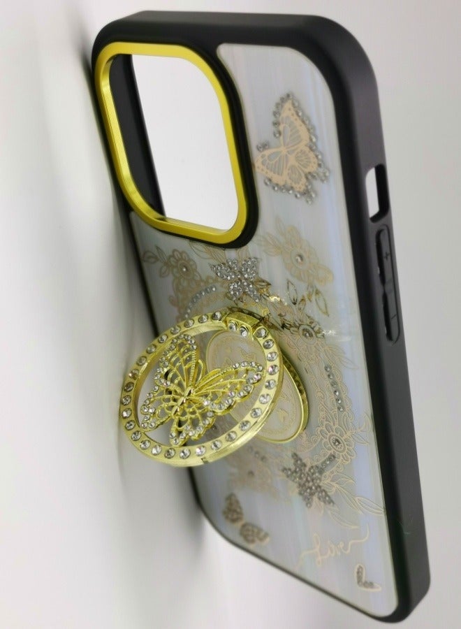 جراب فاخر لهاتف iPhone 15 Pro: غطاء حماية كامل مع حامل فراشة أورورا وكريستالات - مقاوم للصدمات والخدش وأنيق - Image 3