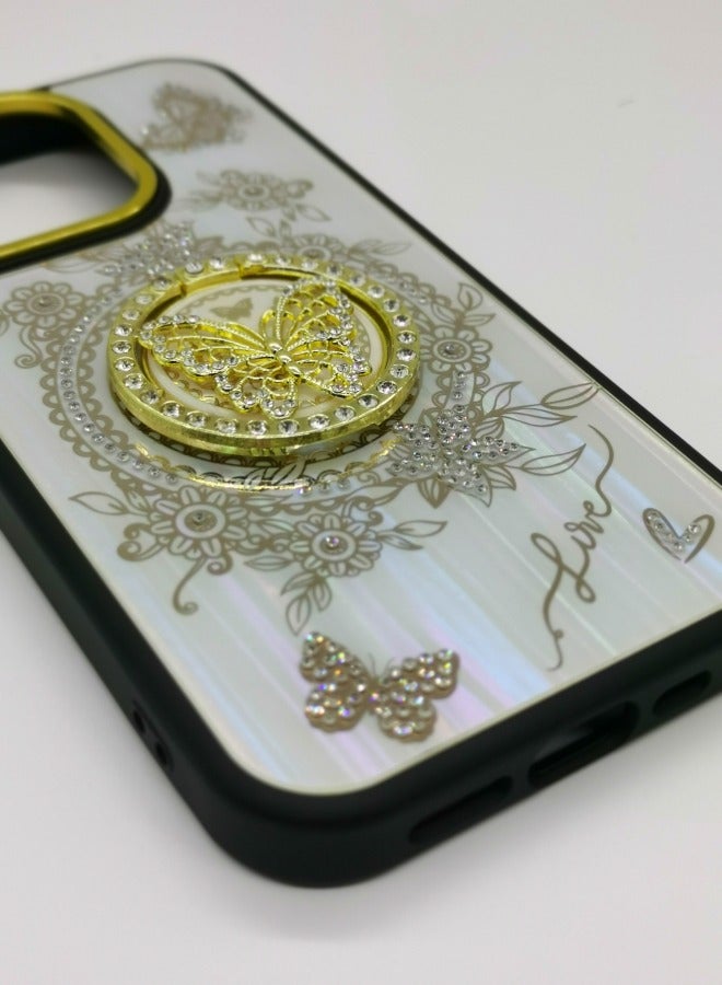 جراب فاخر لهاتف iPhone 15 Pro: غطاء حماية كامل مع حامل فراشة أورورا وكريستالات - مقاوم للصدمات والخدش وأنيق - Image 4