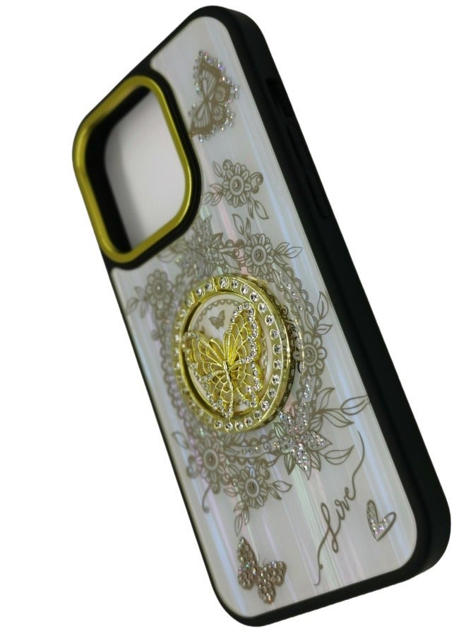 جراب فاخر لهاتف iPhone 15 Pro: غطاء حماية كامل مع حامل فراشة أورورا وكريستالات - مقاوم للصدمات والخدش وأنيق - Image 5