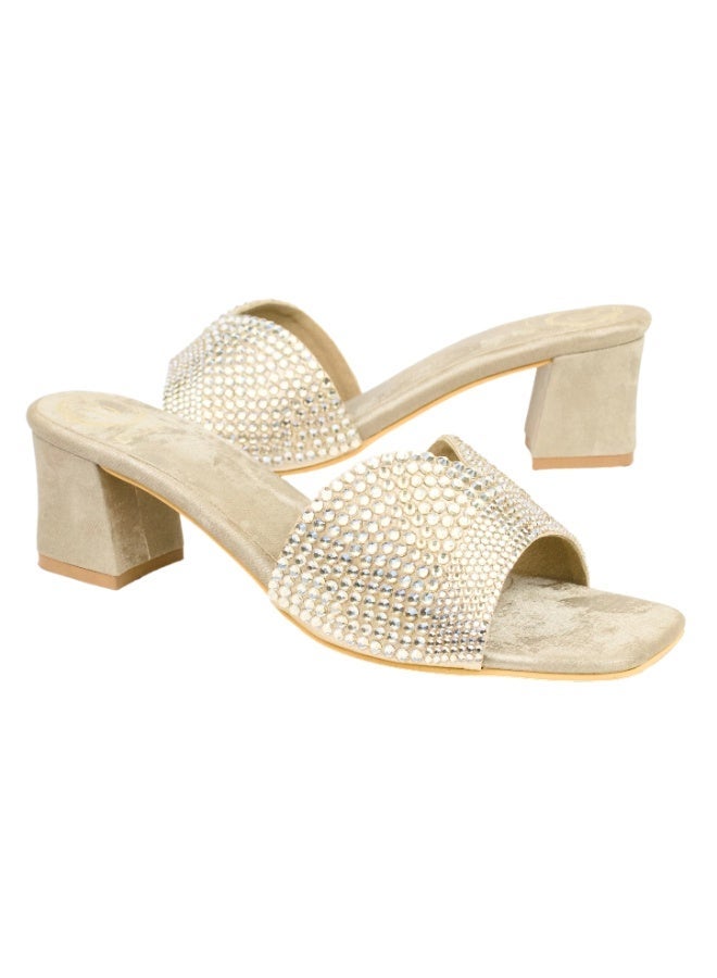 Dollar's Fashion Amina Women Heels, Synthetic Leather Block Heel Sandals, Embellished Upper Slip On Design, Dressy Party Heels for Women, Occasion Footwear - Image 1