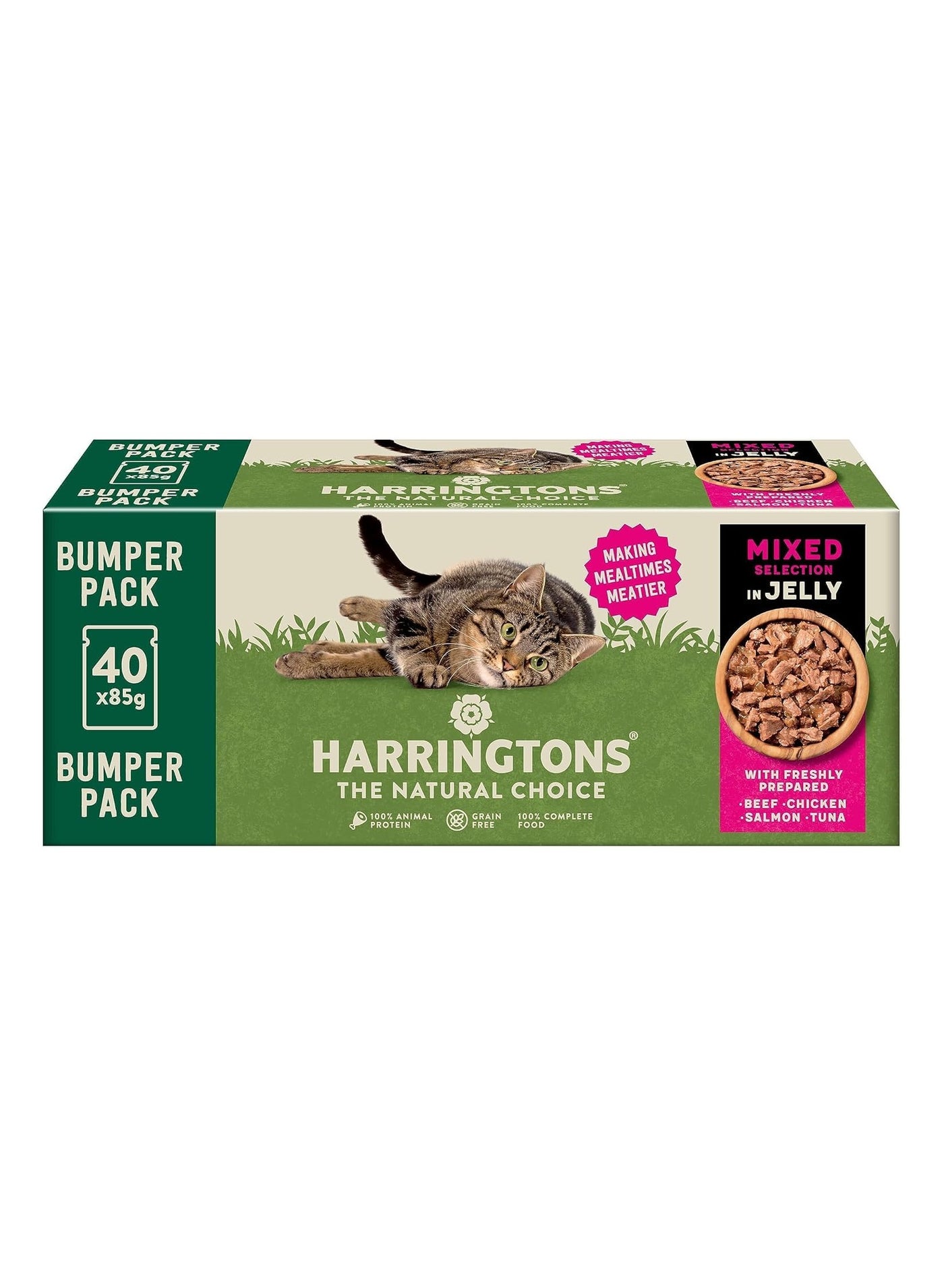 HARRINGTONS Complete Wet Pouch Grain Free Hypoallergenic Adult Cat Food Fish in Jelly Pack 72x85g - Cod, Mackerel, Salmon & Tuna - Making Mealtimes Meatier