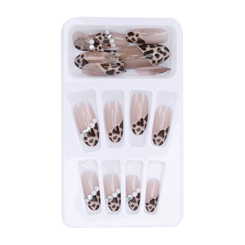 Leopard Print False Nails: 12 Sizes Full Cover Non Toxic Faux Pearl Nail Tips - Easy To Trim Stylish Nail Tips for Home DIY Manicure, Parties, Weddings and Nail Art Learners - Image 1