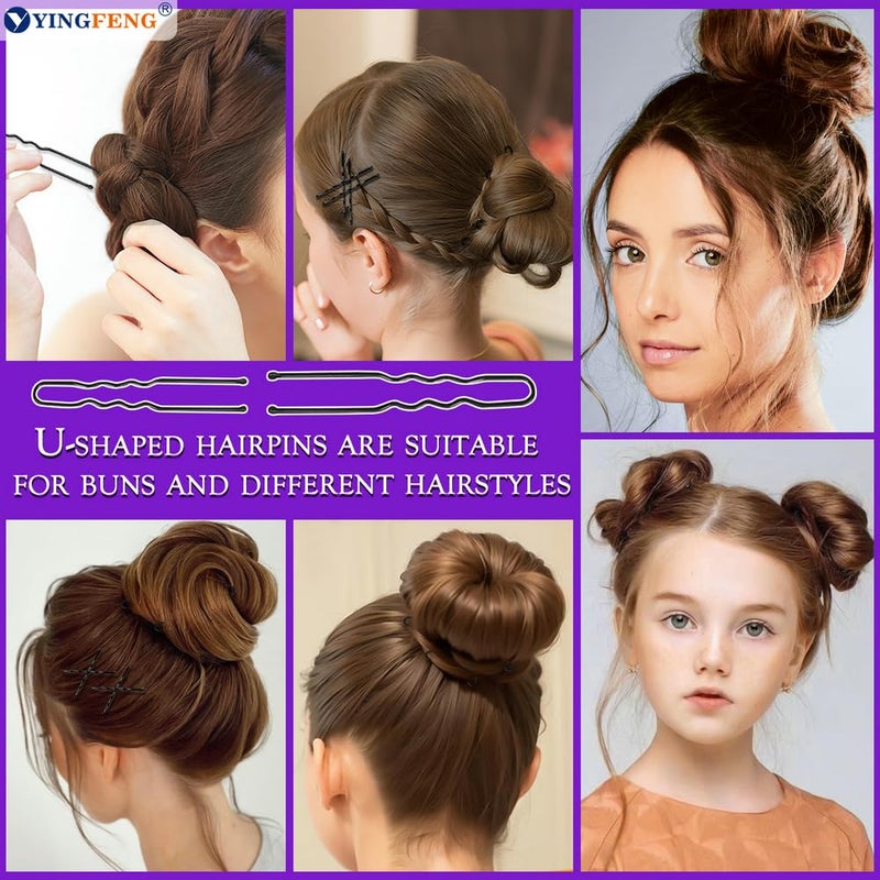YINGFENG 510PCS Black Bobby Pins Hair Pins Kit with Hair Net, YINGFENG Includes 100 Bobby Pins for Women, 100 U-Shaped Buns Hair Clips, 300 Hair Bands and 10 Black Hair Nets, Dance competition must haves - Image 4