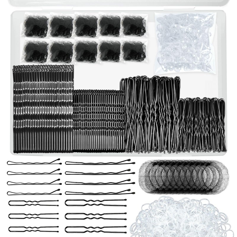 YINGFENG 510PCS Black Bobby Pins Hair Pins Kit with Hair Net, YINGFENG Includes 100 Bobby Pins for Women, 100 U-Shaped Buns Hair Clips, 300 Hair Bands and 10 Black Hair Nets, Dance competition must haves - Image 1