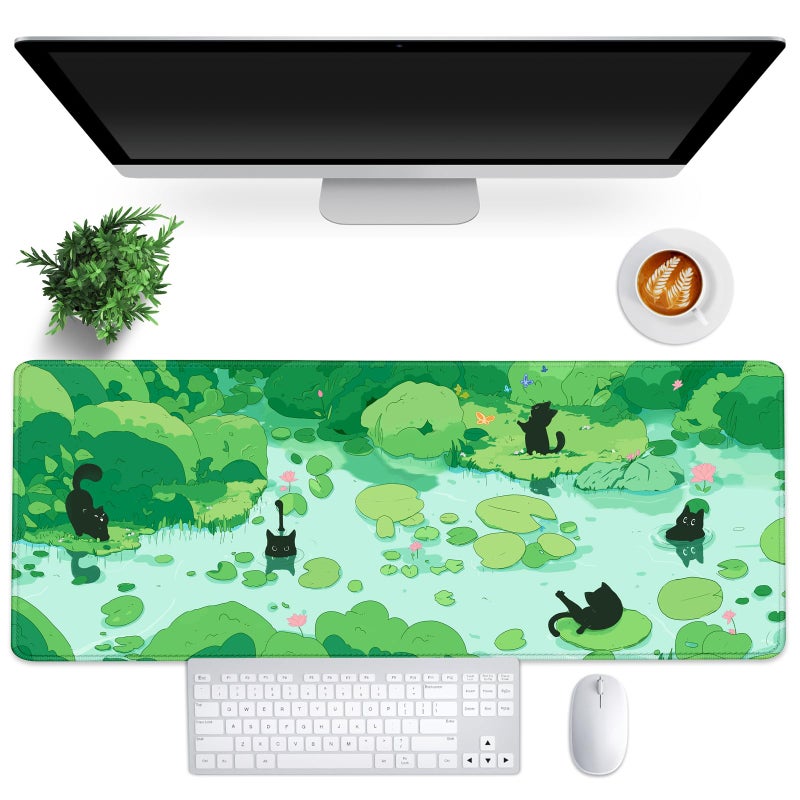 FLY SPRAY Gaming Mouse Pad for Computer,XXL Cute Cat Mousepad Laptop,Green Anime Mouse Mat,Extended Large Black Japanese Keyboard Pads,Non-Slip Mouse Pads for Game Office Homeï¼ˆ31.5 x 11.9 inï¼‰ - Image 1