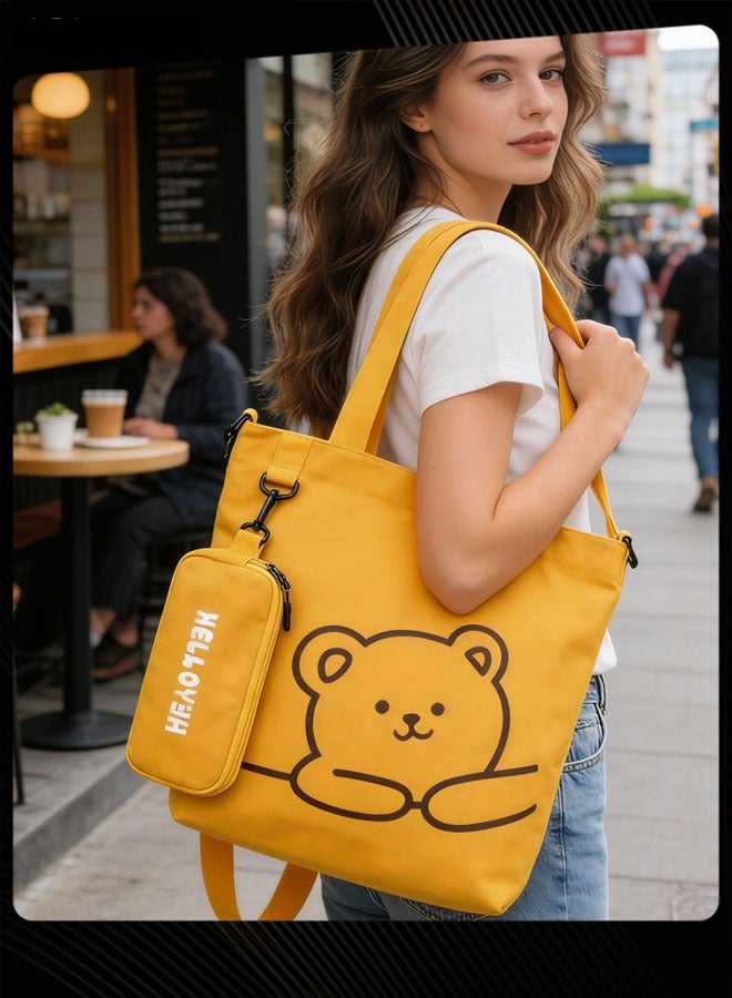 Joychic Lovely Bear Printed Student Shoulder Bag Portable Large Capacity Bookbag Foldable Tote Canvas Bag with Pencil Pouch Yellow - Image 1