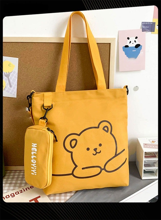Joychic Lovely Bear Printed Student Shoulder Bag Portable Large Capacity Bookbag Foldable Tote Canvas Bag with Pencil Pouch Yellow - Image 2