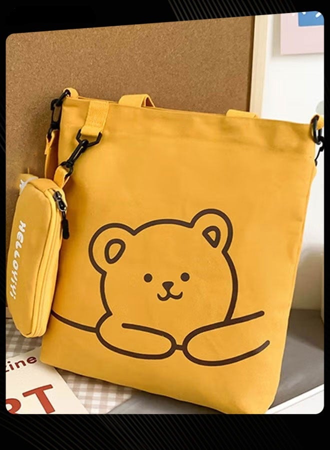 Joychic Lovely Bear Printed Student Shoulder Bag Portable Large Capacity Bookbag Foldable Tote Canvas Bag with Pencil Pouch Yellow - Image 3