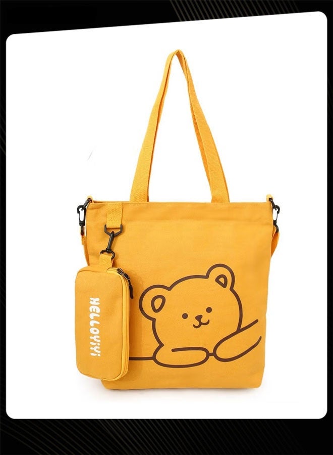 Joychic Lovely Bear Printed Student Shoulder Bag Portable Large Capacity Bookbag Foldable Tote Canvas Bag with Pencil Pouch Yellow - Image 4