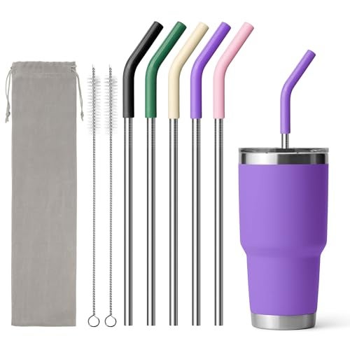Diumepo Stainless Steel Straw for 30 oz YETI Tumbler, Metal Straws Reusable with Silicone Tip for Simple Modern 24 oz and 32oz Glass Tumbler, Cleaning Brush, 1 Portable Bag - Image 1