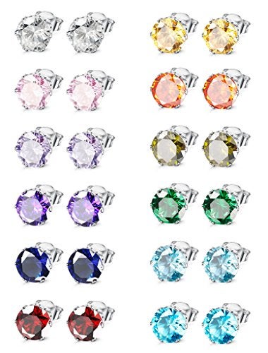 Jstyle Hypoallergenic Stud Earrings for Women Men Surgical Stainless Steel Cubic Zirconia Earrings Studs Colorful Birthstone Earrings Set Womens small Stud Post Earrings for Sensitive Ears 8mm - Image 1