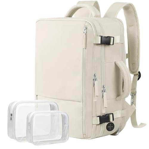 Hanples Large Travel Backpack for Women, 40L Carry on Luggage Backpack, College Laptop Backpack Airline Approved Business Work Bag Fits 17 Inch Computer for Men with 2 Toiletry Bags (Beige) - Image 1