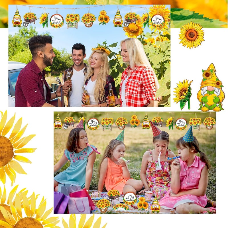 Chunful Sunflower Gnome Wooden Ornament Yellow Flower Gnome Hanging Wooden Pendant Summer Tree Ornaments with Rope for Sunflower Theme Birthday Party Favor Supplies (Fresh Style, 24 Pcs) - Image 4