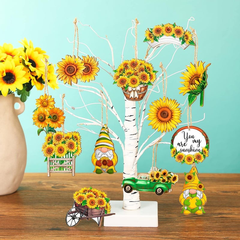 Chunful Sunflower Gnome Wooden Ornament Yellow Flower Gnome Hanging Wooden Pendant Summer Tree Ornaments with Rope for Sunflower Theme Birthday Party Favor Supplies (Fresh Style, 24 Pcs) - Image 2