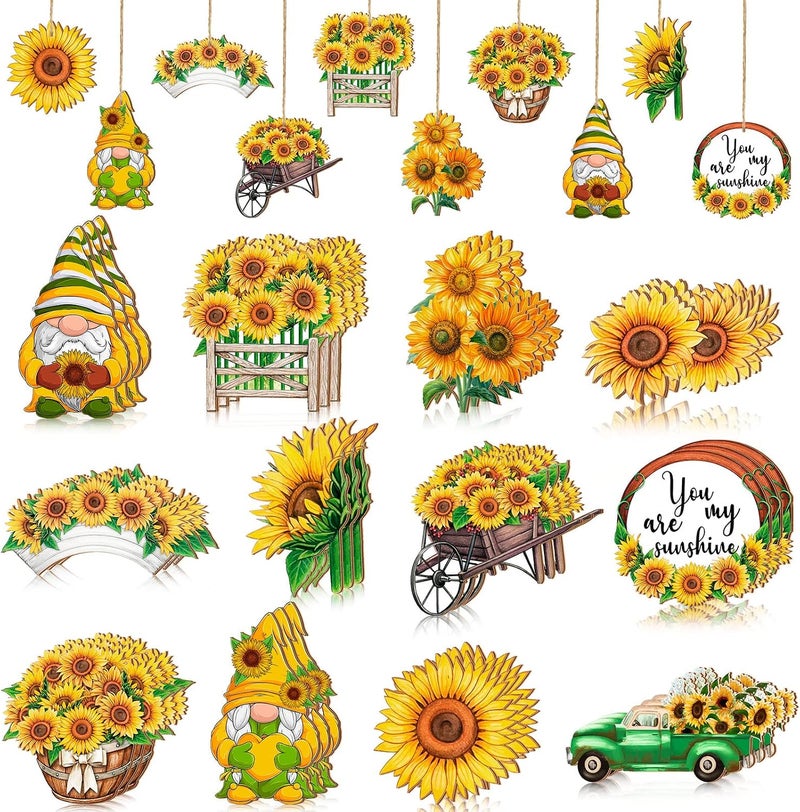 Chunful Sunflower Gnome Wooden Ornament Yellow Flower Gnome Hanging Wooden Pendant Summer Tree Ornaments with Rope for Sunflower Theme Birthday Party Favor Supplies (Fresh Style, 24 Pcs) - Image 1