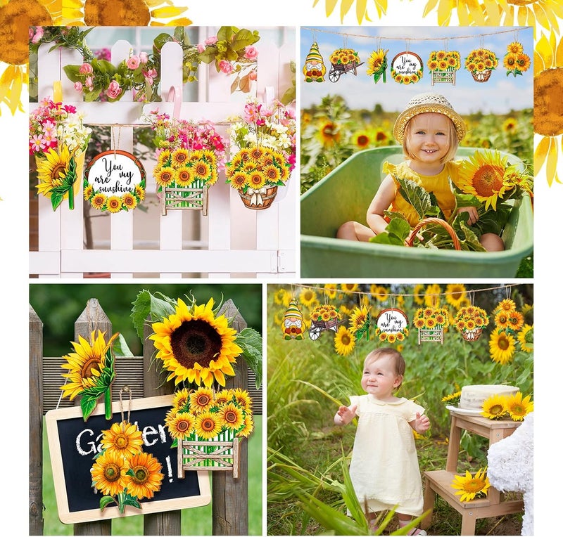 Chunful Sunflower Gnome Wooden Ornament Yellow Flower Gnome Hanging Wooden Pendant Summer Tree Ornaments with Rope for Sunflower Theme Birthday Party Favor Supplies (Fresh Style, 24 Pcs) - Image 5