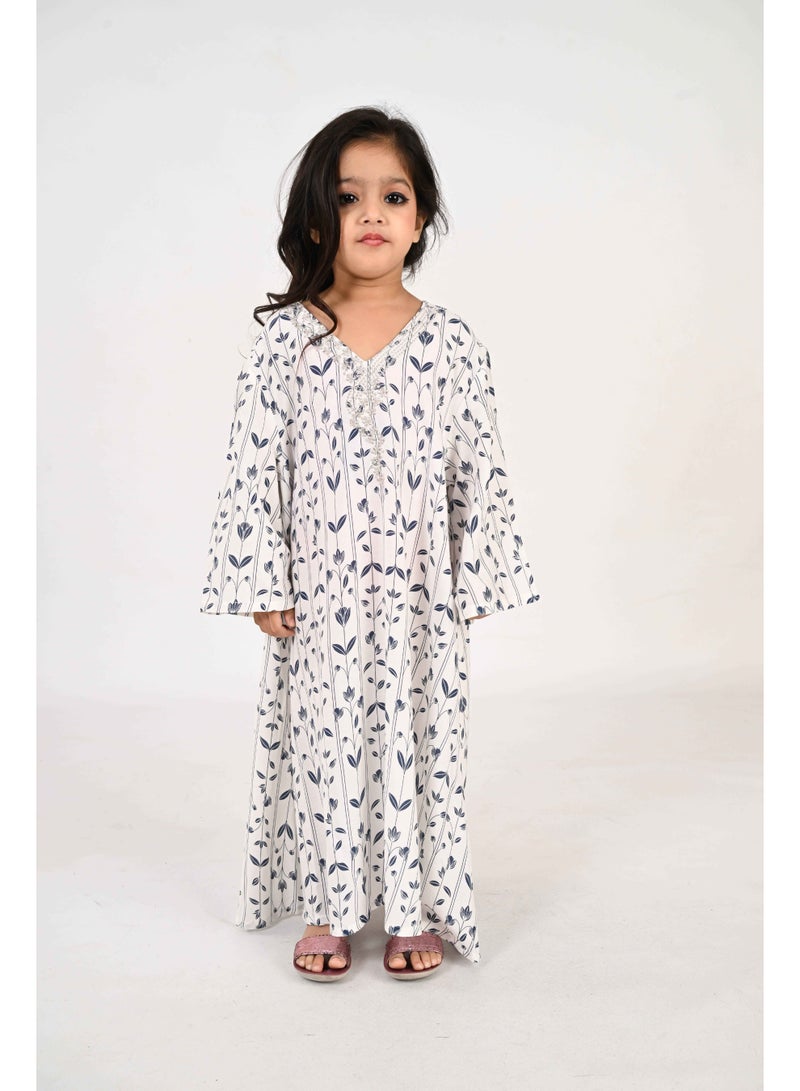 Linelle Kids Jalabiya – White Base with Blue Leaf-Like Prints and Embroidered Neckline - Image 1