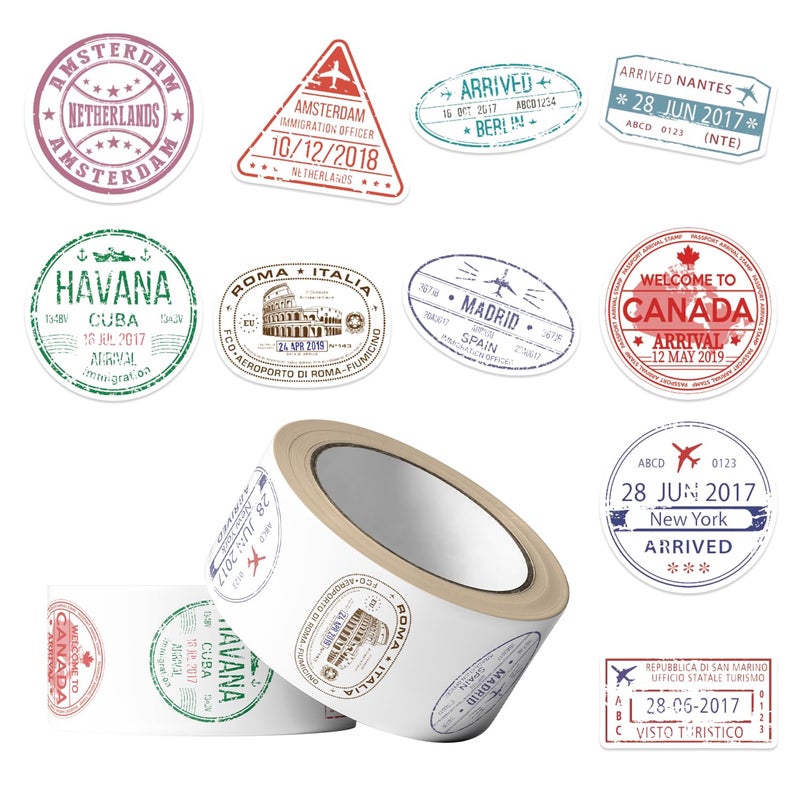 MKZ 1000PCS Retro Passport Stamp Stickers Roll 10 Styles Envelope Seals Stickers Travel Sticker Vintage Passport Postage Stamps Sticker (Two Rolls of Stickers 500 PCS Each) - Image 1