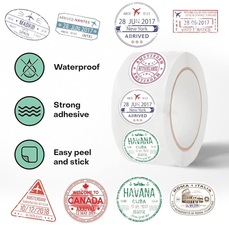 MKZ 1000PCS Retro Passport Stamp Stickers Roll 10 Styles Envelope Seals Stickers Travel Sticker Vintage Passport Postage Stamps Sticker (Two Rolls of Stickers 500 PCS Each) - Image 3