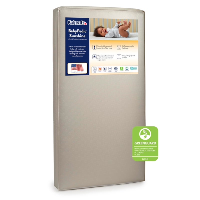Kolcraft BabyPedic Waterproof Crib Mattress plus Toddler Bed Fit Sustainable Foam Non Toxic Airy Fiber Core for Babies GREENGUARD Gold Certified Safety Quality Tested Made in USA 52X28