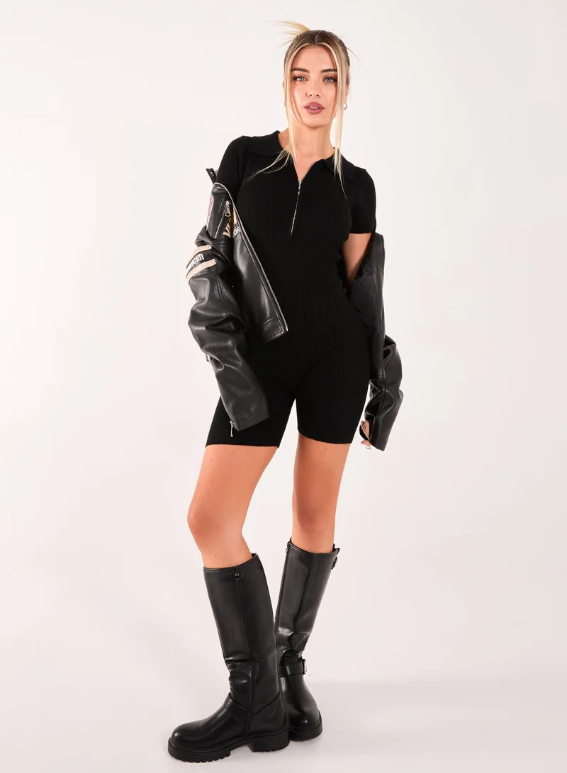 Pink Vanilla  Ribbed Collar Zip Up Unitard for Women | Best Price UAE